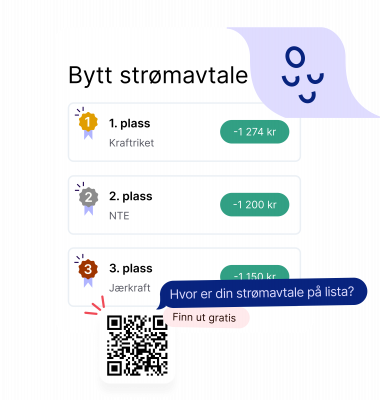 Illustrasjon av strømavtalelisten med hvilke strømavtaler som er på topp 3, og hvor mye det er å spare