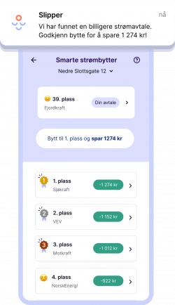 En visning av en Slipper appen med en notification om at en billigere strømavtale er funnet til brukeren