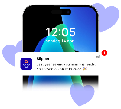 An illustration of a phone notification with the text: Last year savings summary is ready.
You saved NOK 3,284 in 2023! 🎉