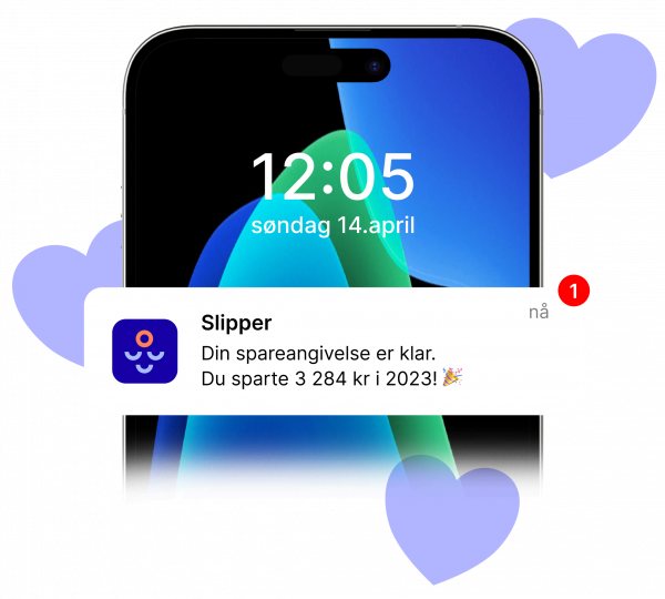 En visning av en telefon med en notification om hvor mye brukeren har spart ila. det siste året