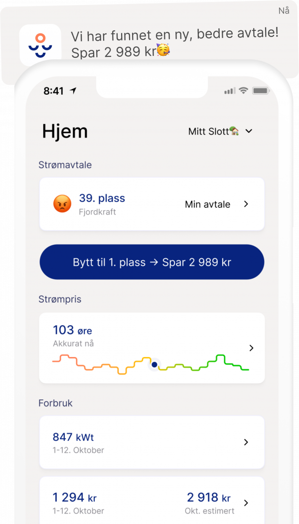 Visning av appen, med et varsel om at en bedre strømavtale er funnet