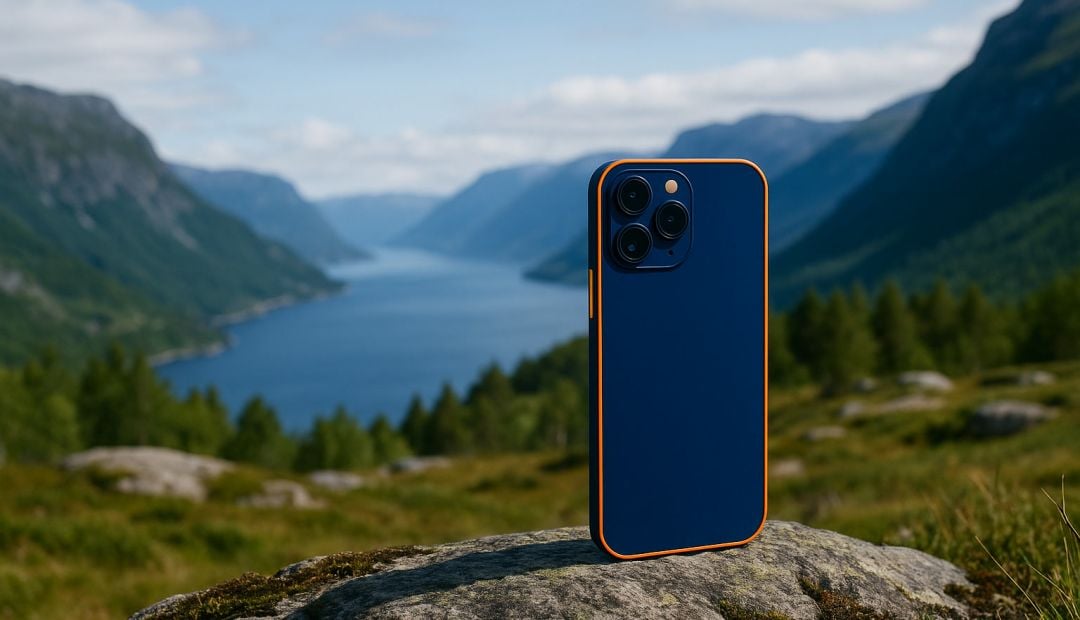 Blå iPhone med oransje deksel på stein ved norsk fjord – Slipper strøm-app