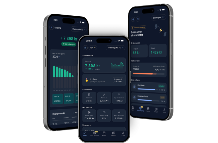 Skjermbilder av appen med dashbord, sparing og smartstyring