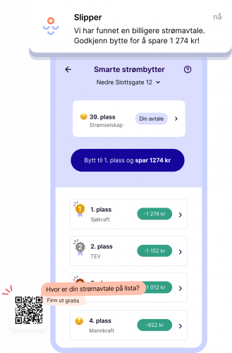 En visning av en Slipper appen med en notification om at en billigere strømavtale er funnet til brukeren