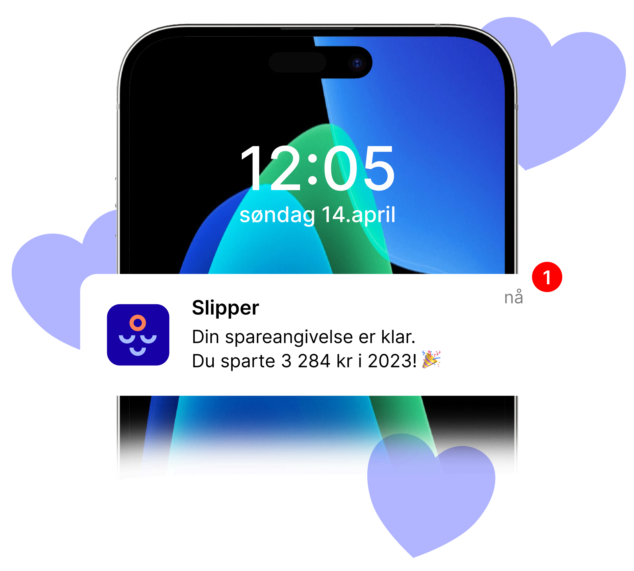 En visning av en telefon med en notification om hvor mye brukeren har spart ila. det siste året