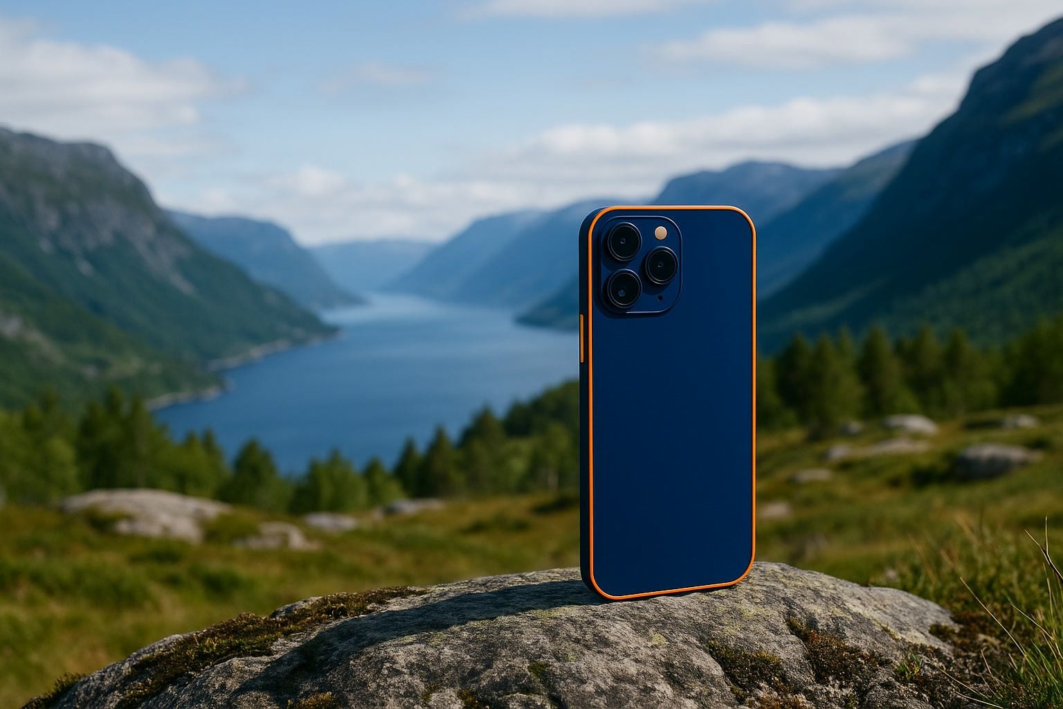Blå iPhone med oransje deksel på stein ved norsk fjord – Slipper strøm-app