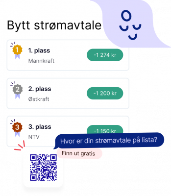 Visning av strømavtalelisten med hvilke strømavtaler som er på topp 3, og hvor mye det er å spare per avtale