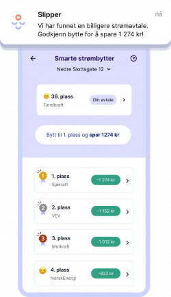 En visning av en Slipper appen med en notification om at en billigere strømavtale er funnet til brukeren