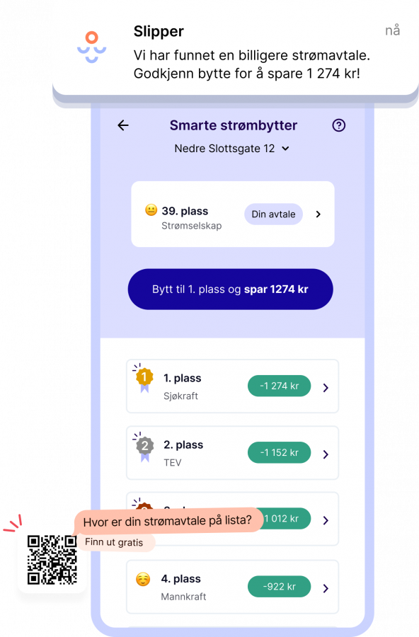 En visning av en Slipper appen med en notification om at en billigere strømavtale er funnet til brukeren