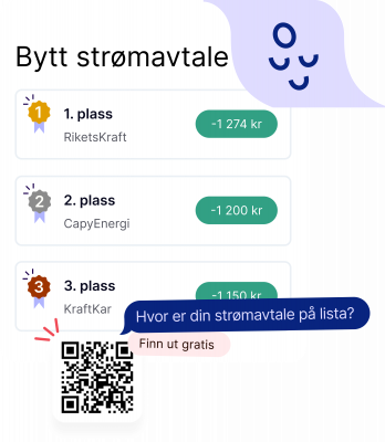 Visning av strømavtalelisten med hvilke strømavtaler som er på topp 3, og hvor mye det er å spare per avtale