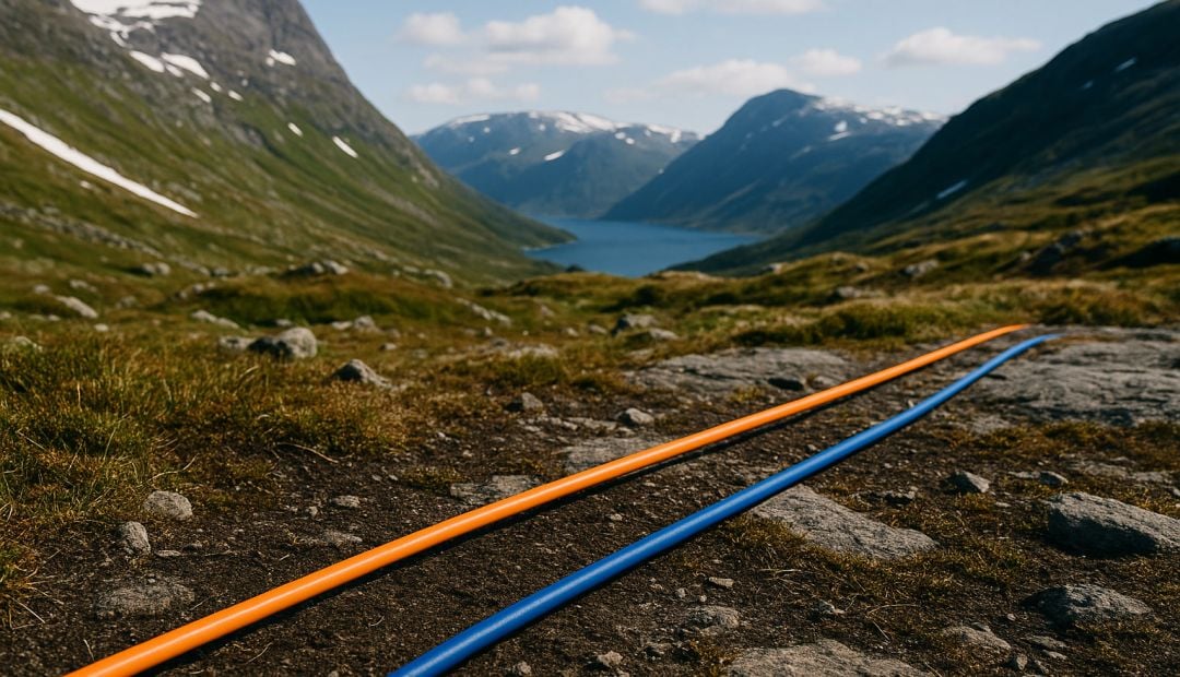 Kraftlinjer i norsk fjelllandskap med blå master og oransje kabler – strømavtale Norge