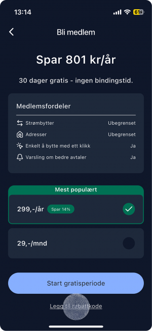 Betalingsskjerm visningen i appen