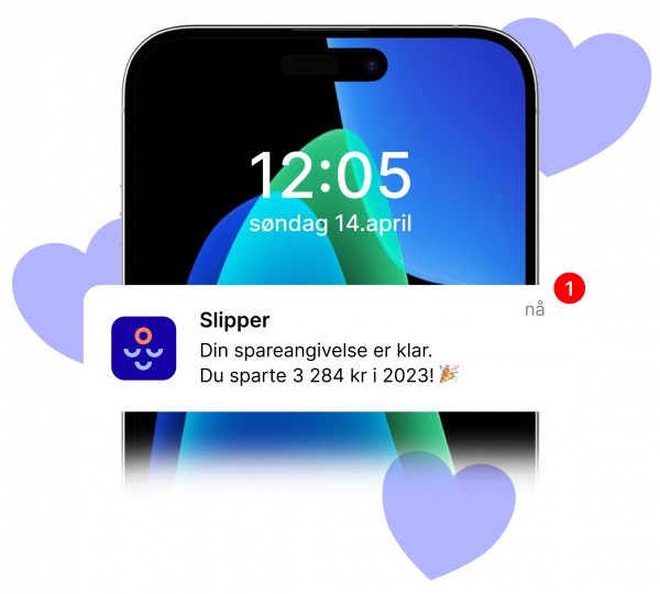 En visning av en telefon med en notification om hvor mye brukeren har spart ila. det siste året
