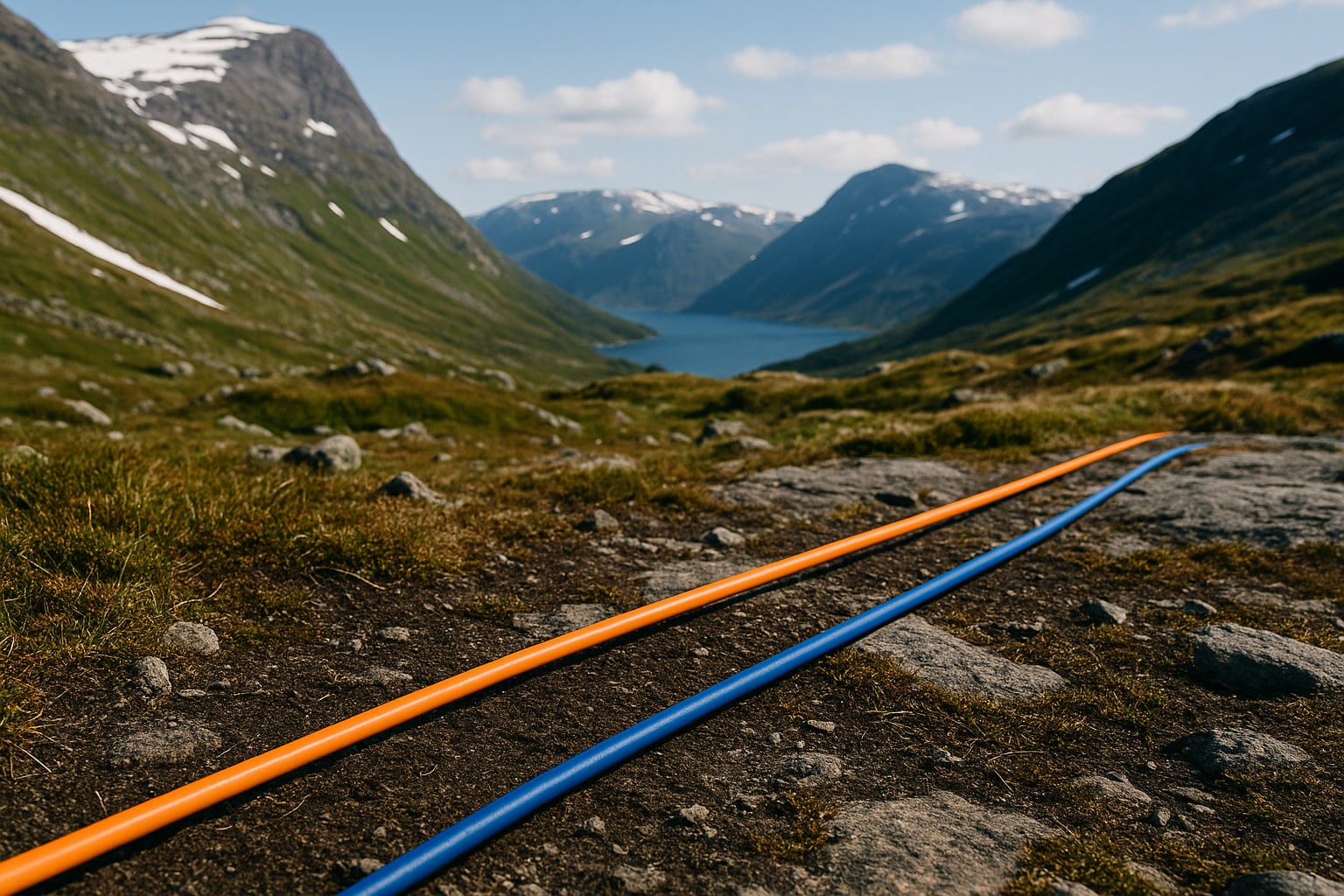 Kraftlinjer i norsk fjelllandskap med blå master og oransje kabler