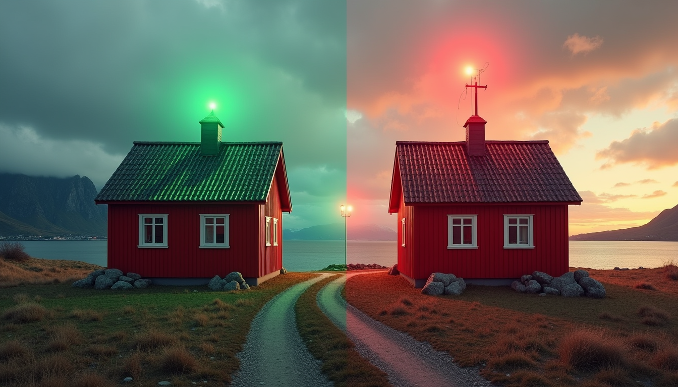 To like norske hus med ulik strømregning - grønn og rød